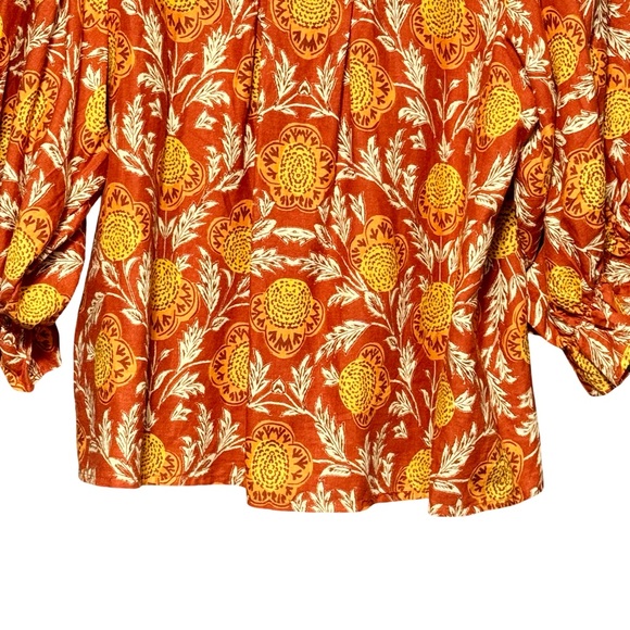 Rachel Zoe Linen Puff Sleeve Button Front Ruffle Square Neckline Blouse Medium - Picture 9 of 12